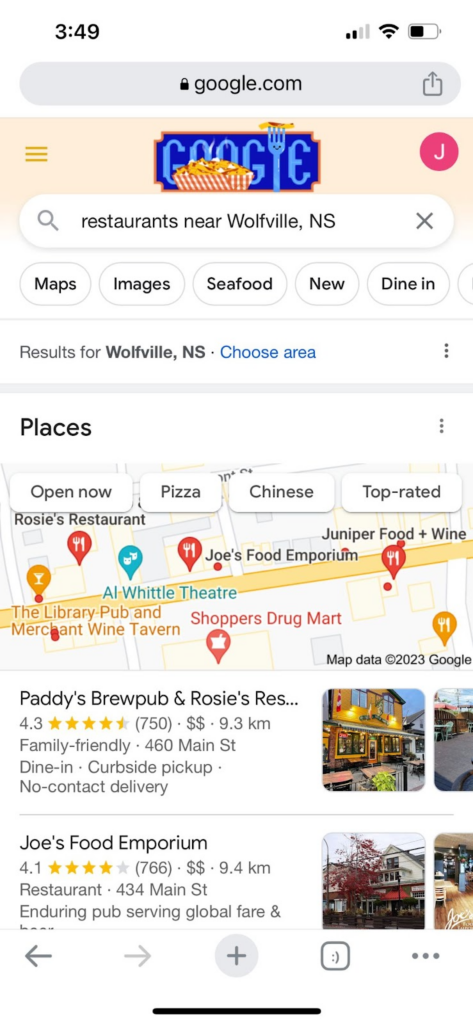 Image of a Google Maps screenshot showcasing local restaurants